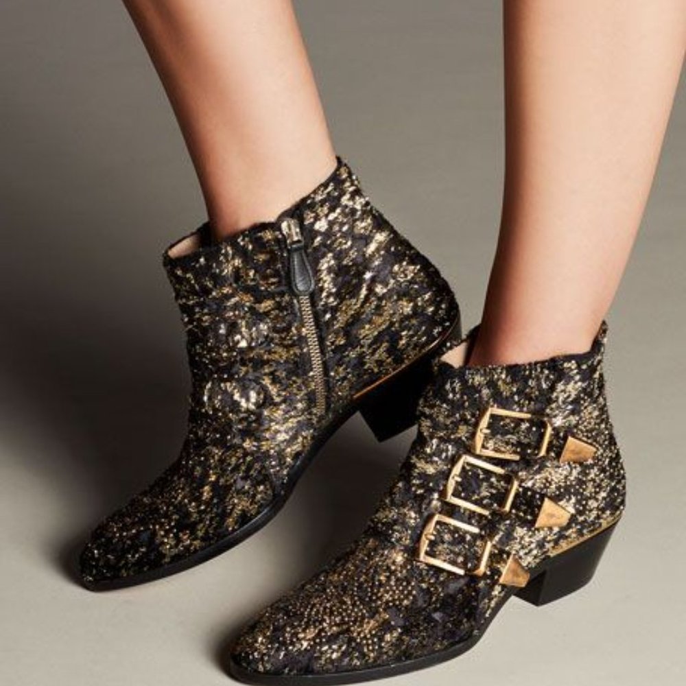 ❌SOLD❌Chloé Gold Susanna Glittery Velvet Ankle Booties Black Shimmer - Picture 2 of 15